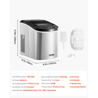 HZB-15SA - 33lbs/24h Portable Ice Maker with Self-Cleaning & Quick 6-Minute Cubes