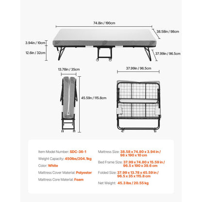 SDC-36-1 - Compact Foldable Rollaway Bed with 4" Foam Mattress, 450 lbs Capacity