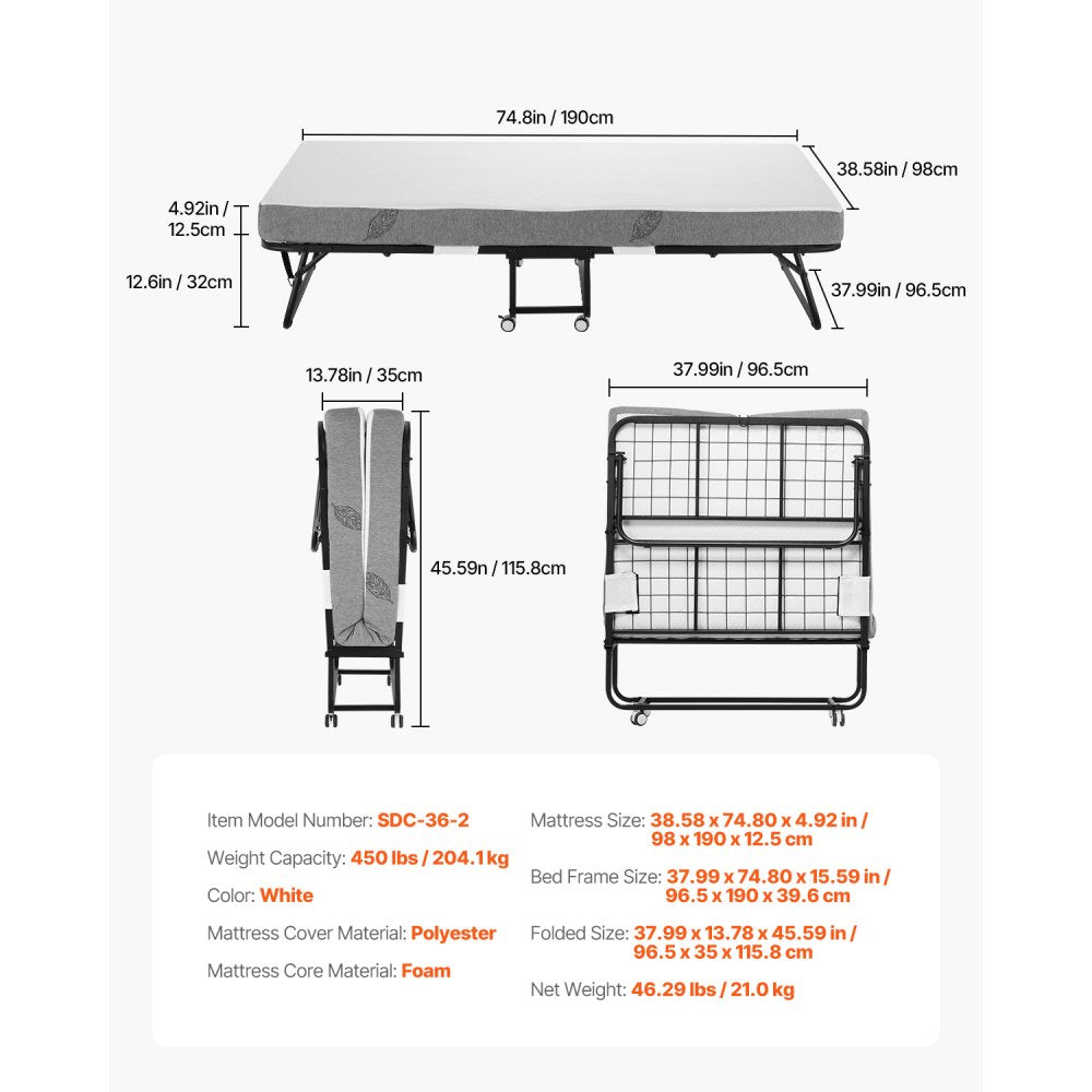 SDC-36-2 - Foldable Rollaway Bed with Metal Frame, 450 lbs Capacity