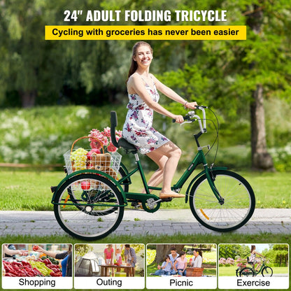 24IN-1S-GREEN - Foldable Adult Tricycle with 24" Wheels for Easy Storage