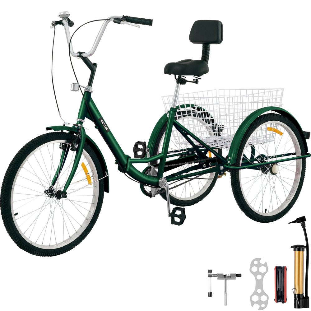 24IN-1S-GREEN - Foldable Adult Tricycle with 24" Wheels for Easy Storage