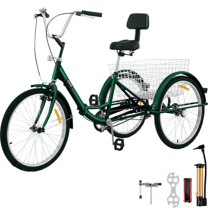 24IN-1S-GREEN - Foldable Adult Tricycle with 24" Wheels for Easy Storage