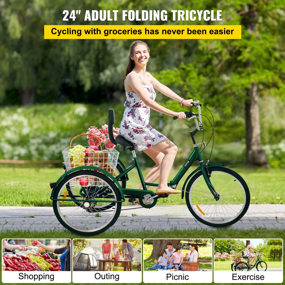 24IN-7S-GREEN - VEVOR Folding Tricycle with 7-Speed, Carbon Steel Frame