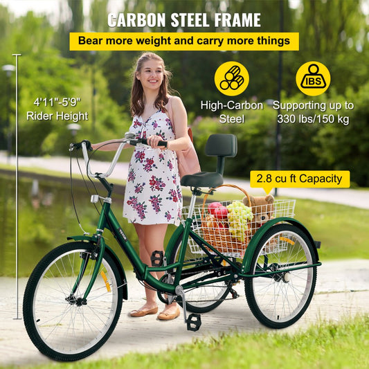 24IN-7S-GREEN - VEVOR Folding Tricycle with 7-Speed, Carbon Steel Frame