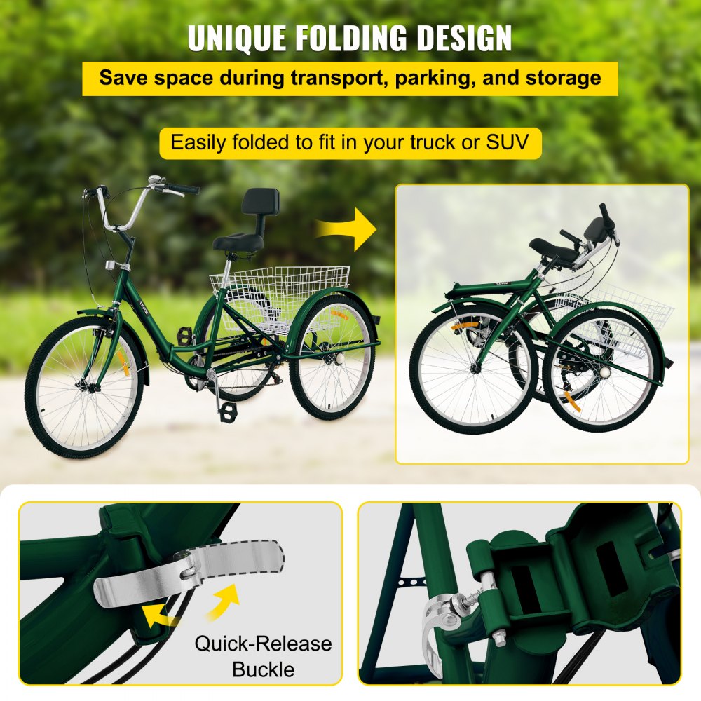 24IN-7S-GREEN - VEVOR Folding Tricycle with 7-Speed, Carbon Steel Frame