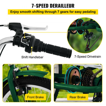 24IN-7S-GREEN - VEVOR Folding Tricycle with 7-Speed, Carbon Steel Frame