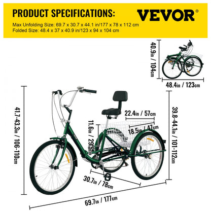 24IN-7S-GREEN - VEVOR Folding Tricycle with 7-Speed, Carbon Steel Frame