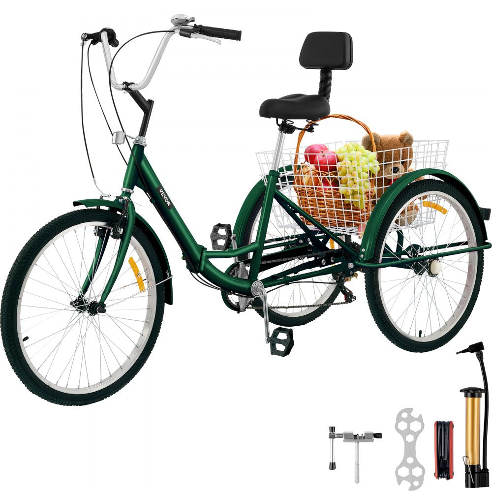 24IN-7S-GREEN - VEVOR Folding Tricycle with 7-Speed, Carbon Steel Frame