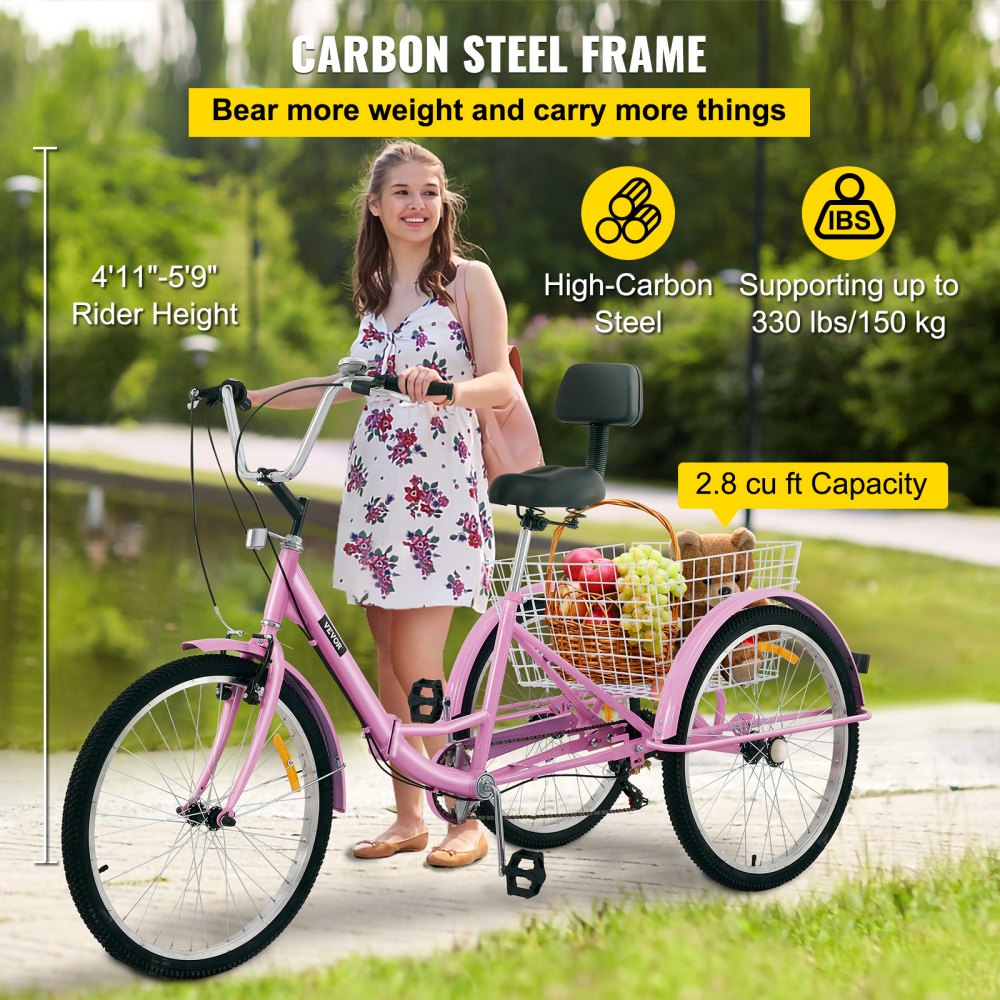 24IN-7S-PINK - Foldable Adult Tricycle with 7 Speeds & Carbon Steel Frame