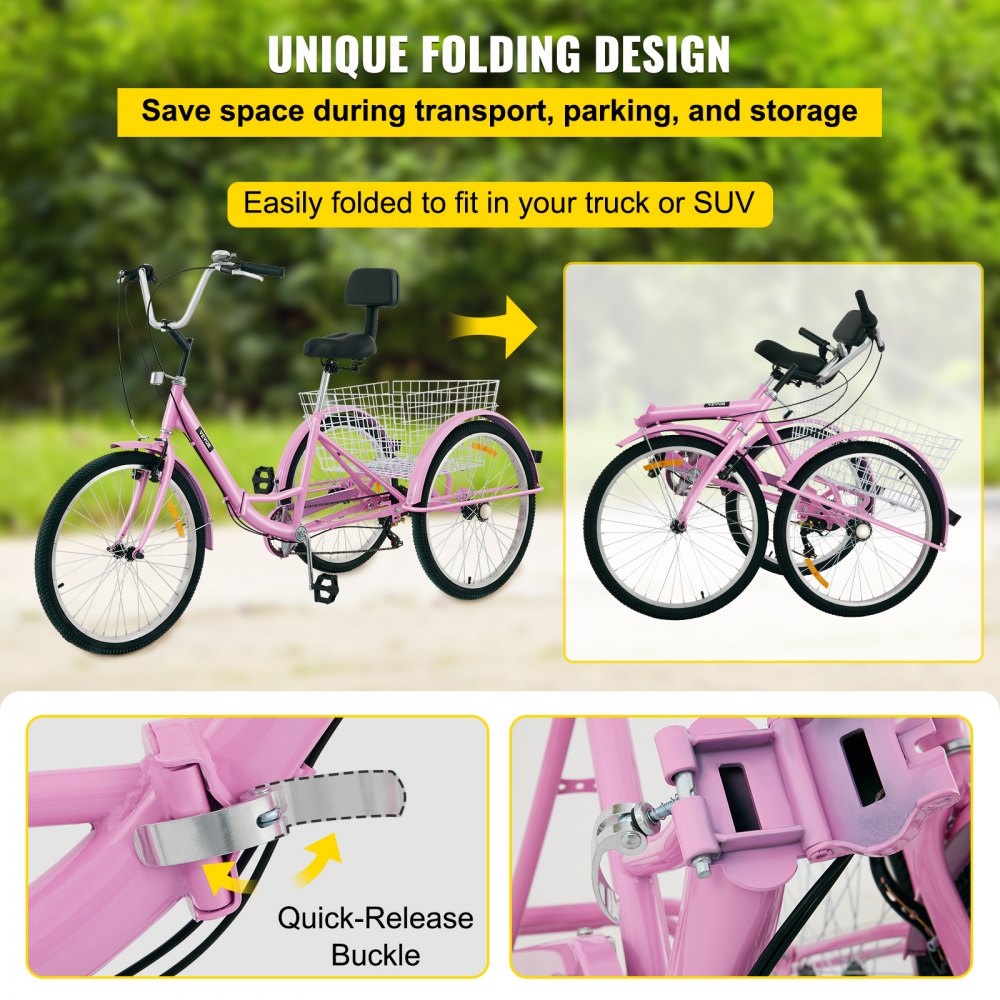24IN-7S-PINK - Foldable Adult Tricycle with 7 Speeds & Carbon Steel Frame