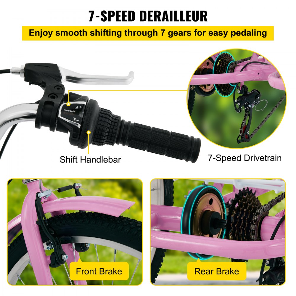 24IN-7S-PINK - Foldable Adult Tricycle with 7 Speeds & Carbon Steel Frame