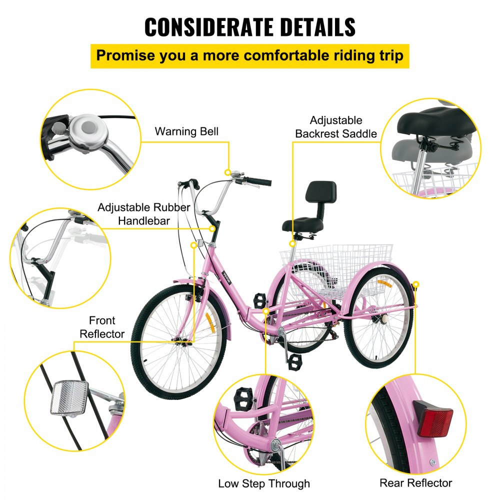 24IN-7S-PINK - Foldable Adult Tricycle with 7 Speeds & Carbon Steel Frame