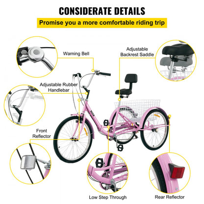 24IN-7S-PINK - Foldable Adult Tricycle with 7 Speeds & Carbon Steel Frame