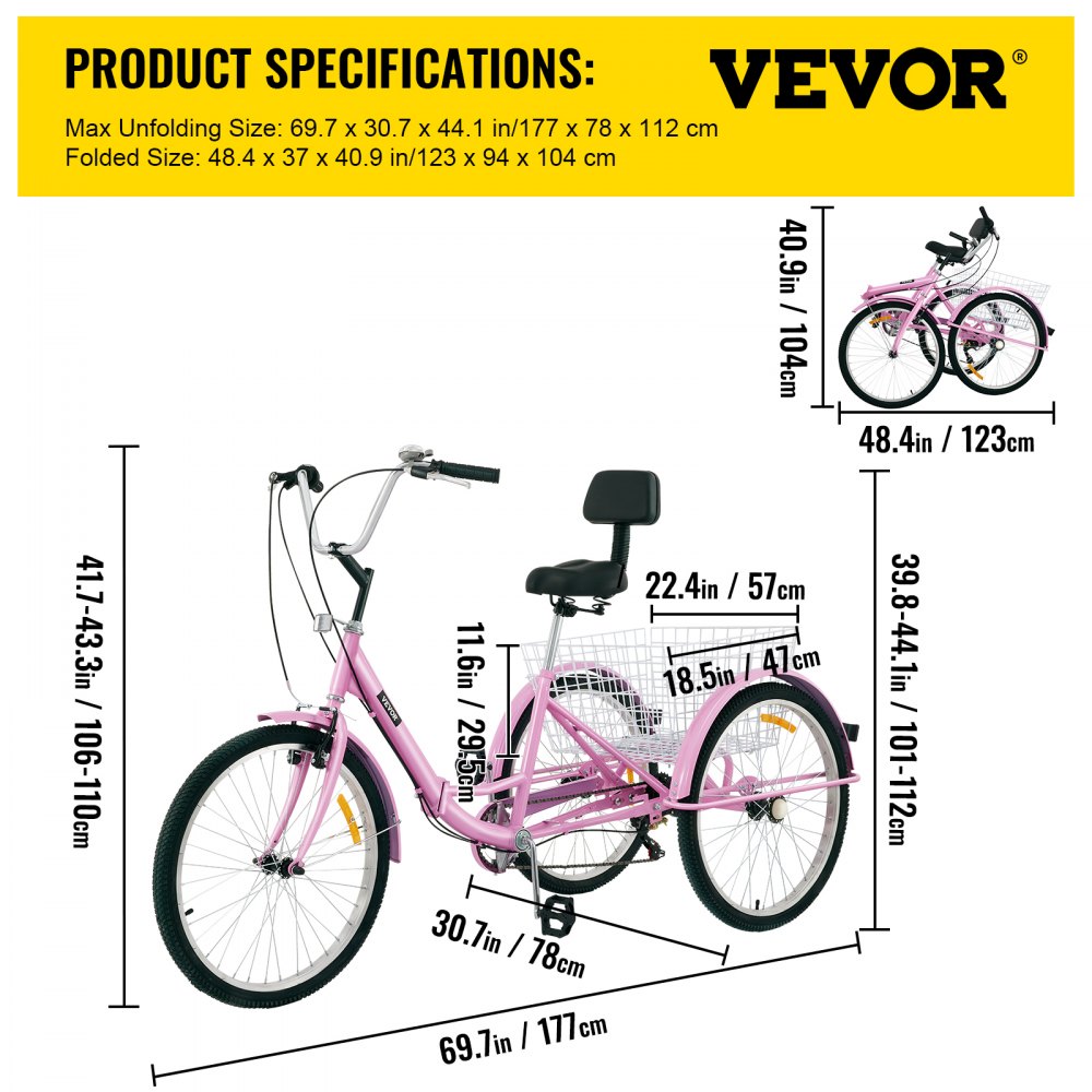 24IN-7S-PINK - Foldable Adult Tricycle with 7 Speeds & Carbon Steel Frame