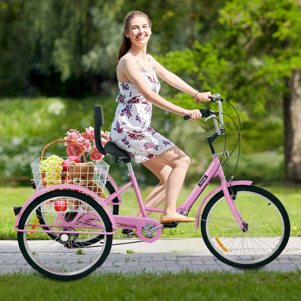 24IN-7S-PINK - Foldable Adult Tricycle with 7 Speeds & Carbon Steel Frame