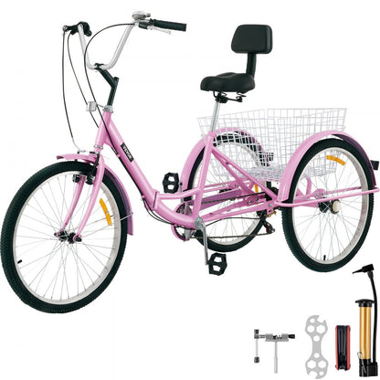 24IN-7S-PINK - Foldable Adult Tricycle with 7 Speeds & Carbon Steel Frame
