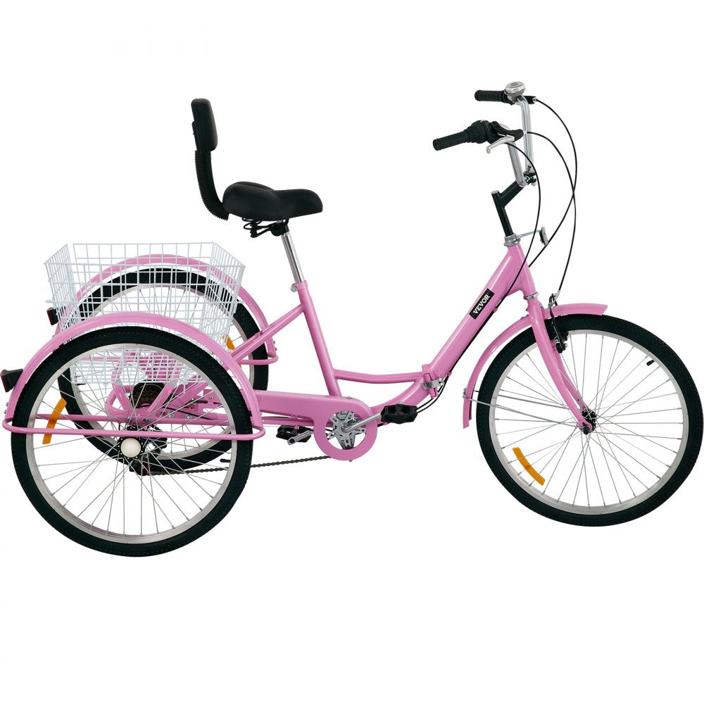 24IN-7S-PINK - Foldable Adult Tricycle with 7 Speeds & Carbon Steel Frame
