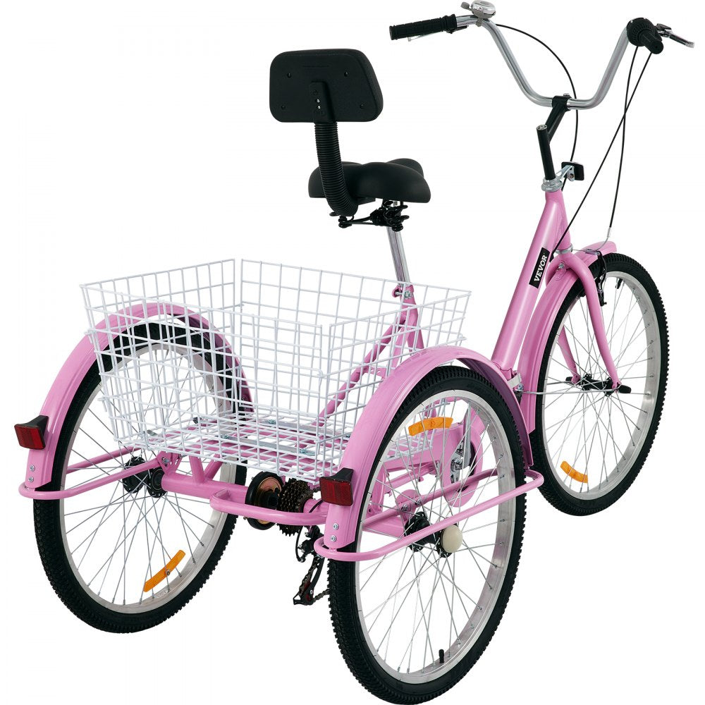 24IN-7S-PINK - Foldable Adult Tricycle with 7 Speeds & Carbon Steel Frame