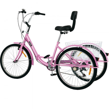 24IN-7S-PINK - Foldable Adult Tricycle with 7 Speeds & Carbon Steel Frame