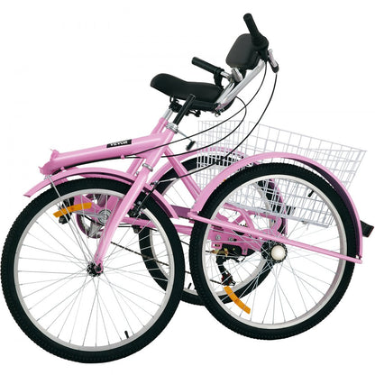 24IN-7S-PINK - Foldable Adult Tricycle with 7 Speeds & Carbon Steel Frame