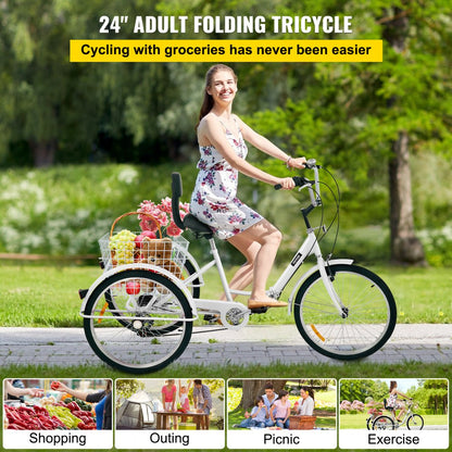 24IN-7S-WHITE - Adult Folding Tricycle with Rear Basket, 7-Speed Gear System