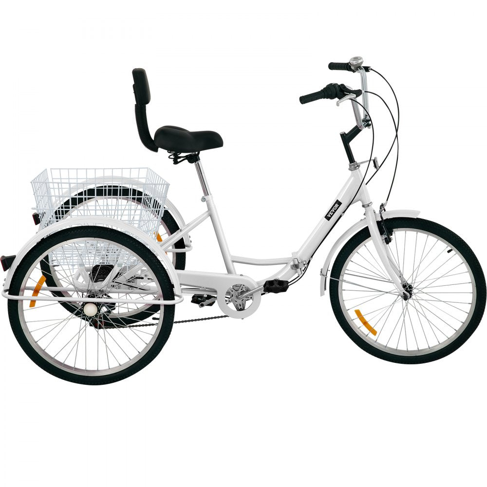 24IN-7S-WHITE - Adult Folding Tricycle with Rear Basket, 7-Speed Gear System