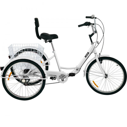 24IN-7S-WHITE - Adult Folding Tricycle with Rear Basket, 7-Speed Gear System