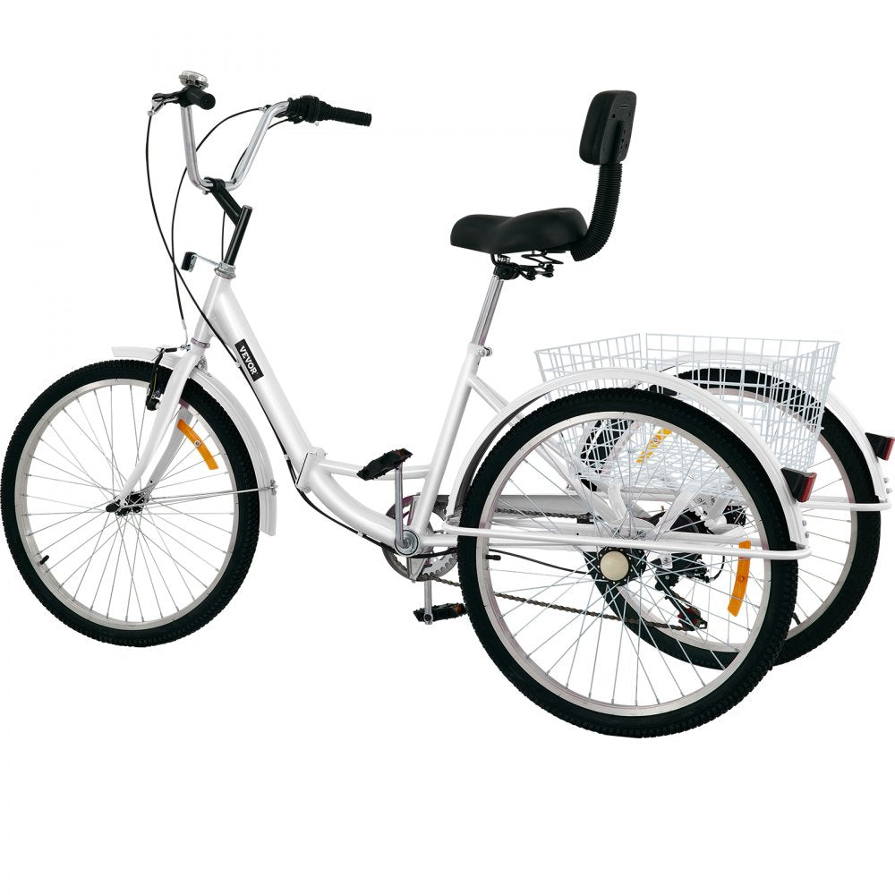 24IN-7S-WHITE - Adult Folding Tricycle with Rear Basket, 7-Speed Gear System