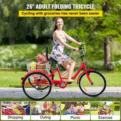 26IN-7S-RED - Foldable 26" Adult Tricycle with 7-Speed Gear & Storage