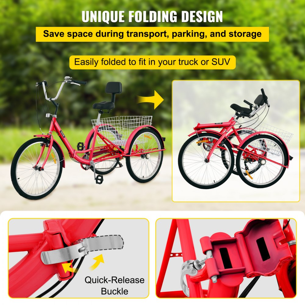 26IN-7S-RED - Foldable 26" Adult Tricycle with 7-Speed Gear & Storage