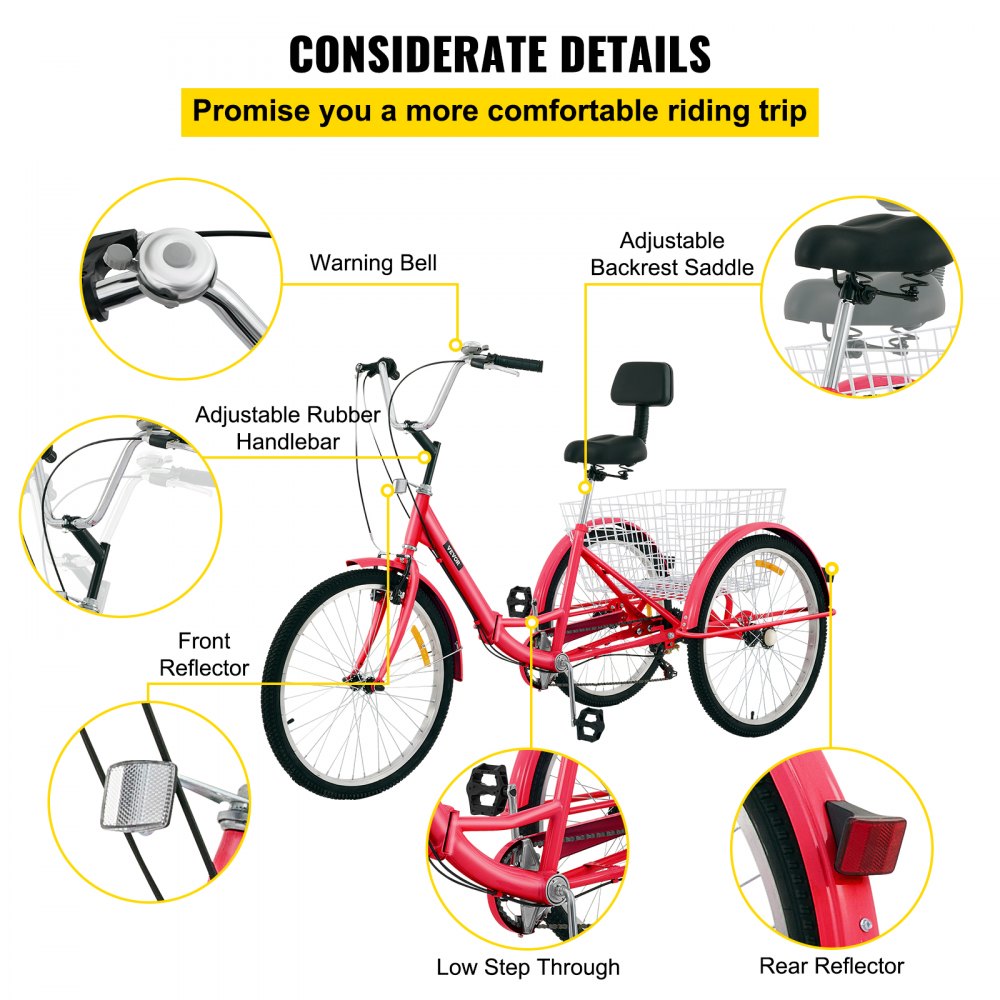 26IN-7S-RED - Foldable 26" Adult Tricycle with 7-Speed Gear & Storage