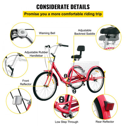 26IN-7S-RED - Foldable 26" Adult Tricycle with 7-Speed Gear & Storage