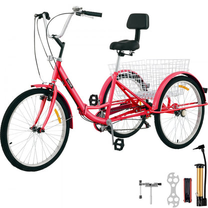26IN-7S-RED - Foldable 26" Adult Tricycle with 7-Speed Gear & Storage