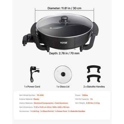 YS-808 - 5L Dual-Flavor Hot Pot for 6-10 People, Non-Stick Cooking