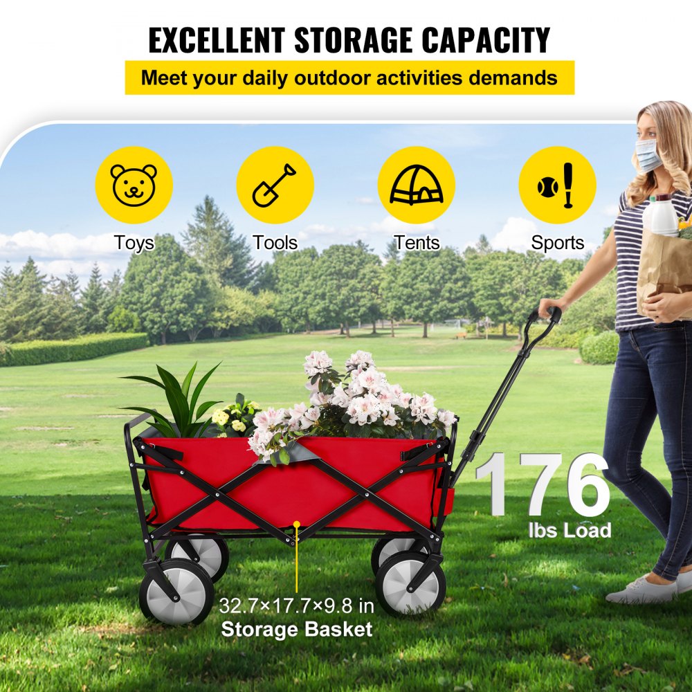 VV-FWC-RG - Heavy-Duty Folding Wagon Cart with 176 lbs Capacity