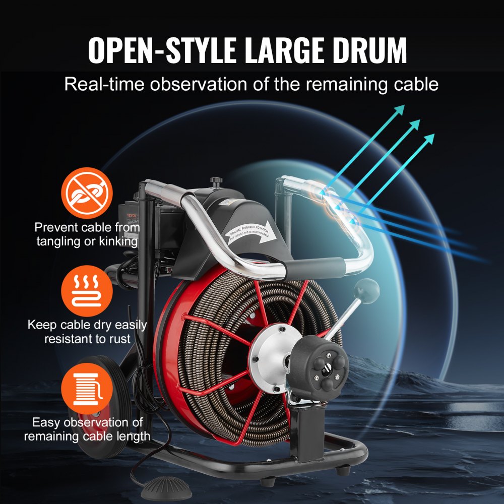 D1000 - 100FT Steel Drain Cleaner with 8 Cutters for Tough Clogs
