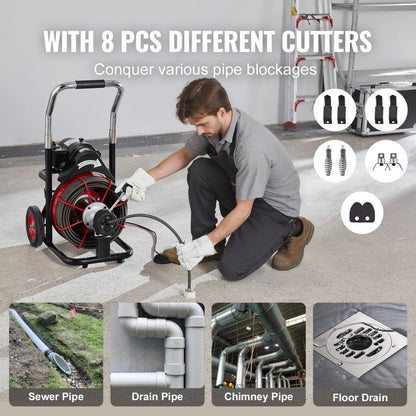 D1000 - 100FT Steel Drain Cleaner with 8 Cutters for Tough Clogs