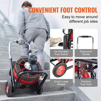 D1000 - 100FT Steel Drain Cleaner with 8 Cutters for Tough Clogs