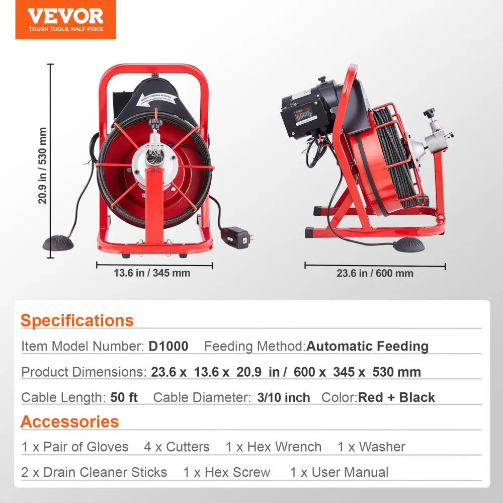 D1000 - 50FT Electric Drain Cleaner with Ergonomic Handle and 4 Cutters