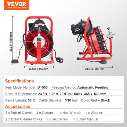 D1000 - 50FT Electric Drain Cleaner with Ergonomic Handle and 4 Cutters
