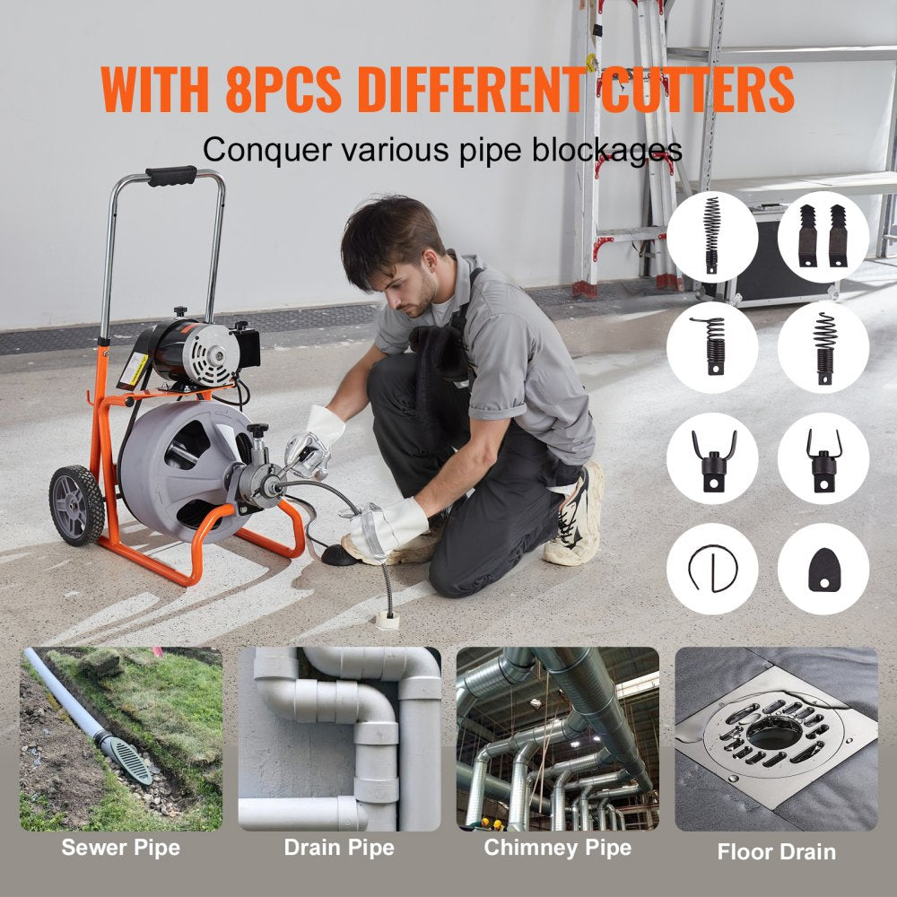 RC-9001H-2.8*9.5*30M 100FT 3/8IN - Electric Drain Cleaner with 100FT Steel Cable