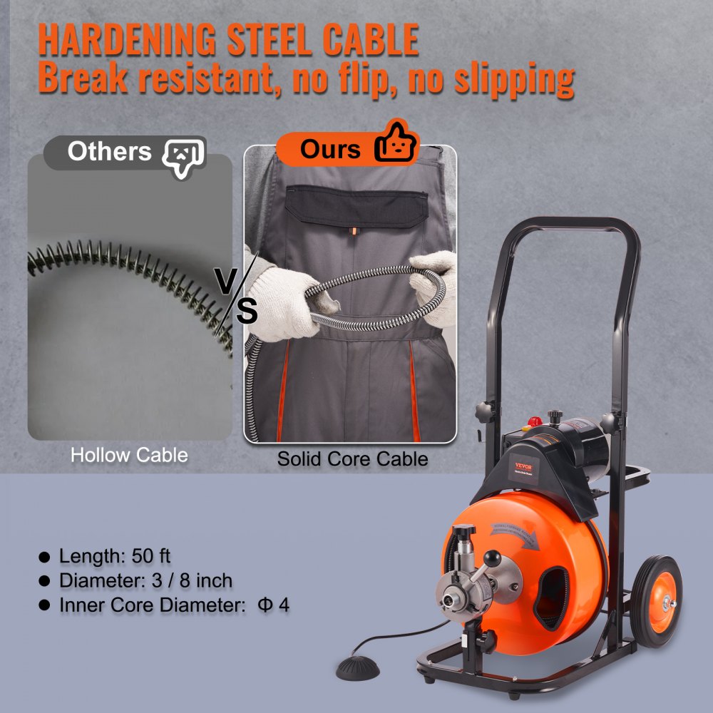 010180649280 - Powerful 50 FT Drain Cleaning Machine for Tough Clogs