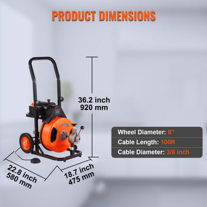 010620739238 - VEVOR 100ft Drain Cleaning Machine, 1800 RPM Power