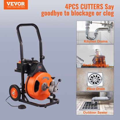010273260440 - 75FT VEVOR Drain Cleaning Machine with Auto-Feed and 4 Cutters
