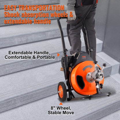 010273260440 - 75FT VEVOR Drain Cleaning Machine with Auto-Feed and 4 Cutters
