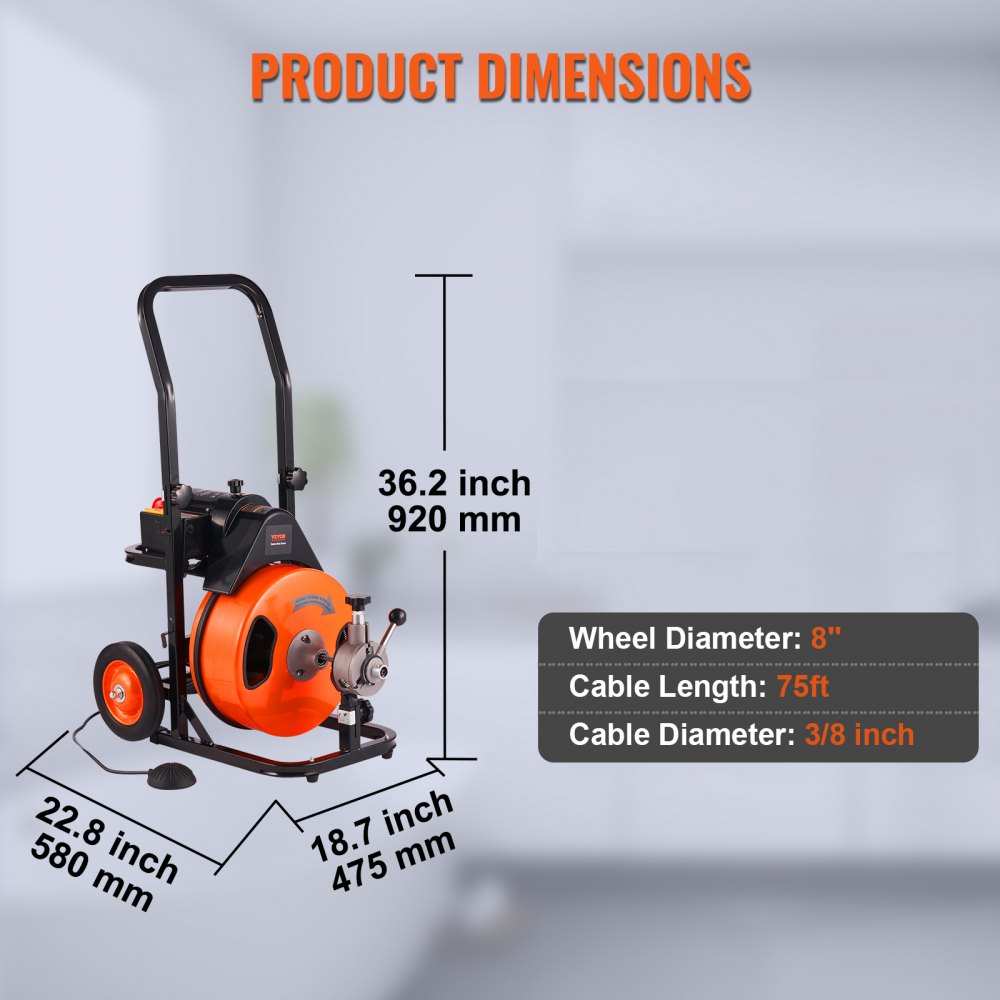 010273260440 - 75FT VEVOR Drain Cleaning Machine with Auto-Feed and 4 Cutters