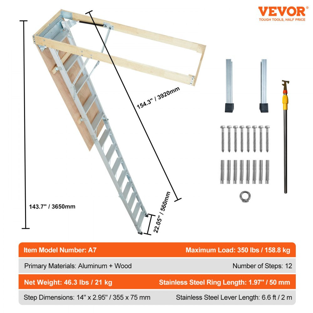 A7 - 22.5"x63" Foldable Attic Ladder, 350lb Capacity & Insulated Door