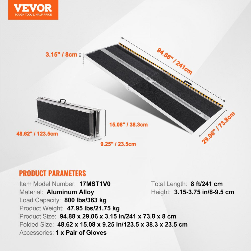 17MST1V0 - 8ft Aluminum Wheelchair Ramp, 800 lbs Capacity, Foldable Design