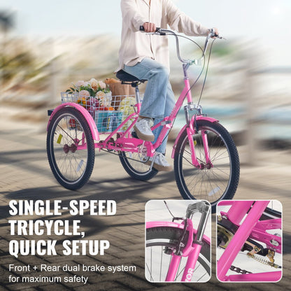 SS003-3A - 26-Inch Pink Folding Tricycle with Rear Basket