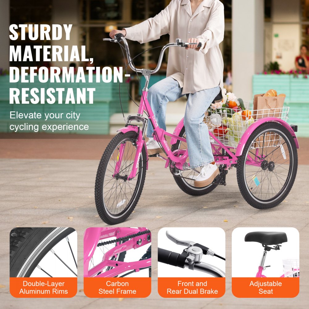 SS002-6A - Durable Folding Adult Tricycle with Carbon Steel Frame, Pink